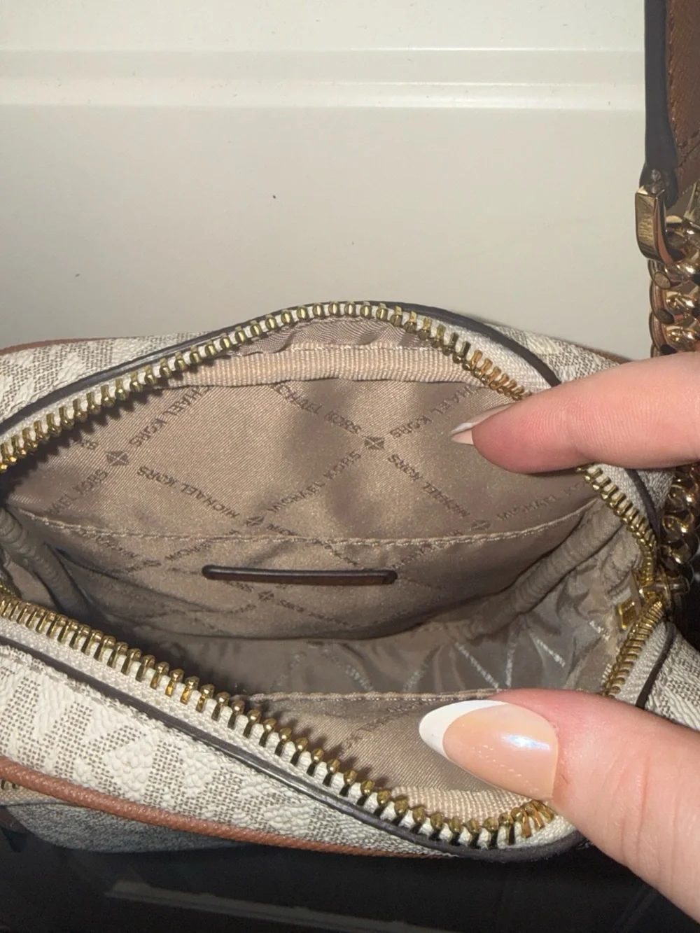 Michael Kors Cream Logo Crossbody Bag with Brown Trim